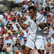 Day 9 Wed 29 Jun 2011 - Jo-Wilfried Tsonga (FRA) celebrates a point during his victory over Roger Federer (SUI) in todays Gentlemen's Singles Quarterfinal match 
